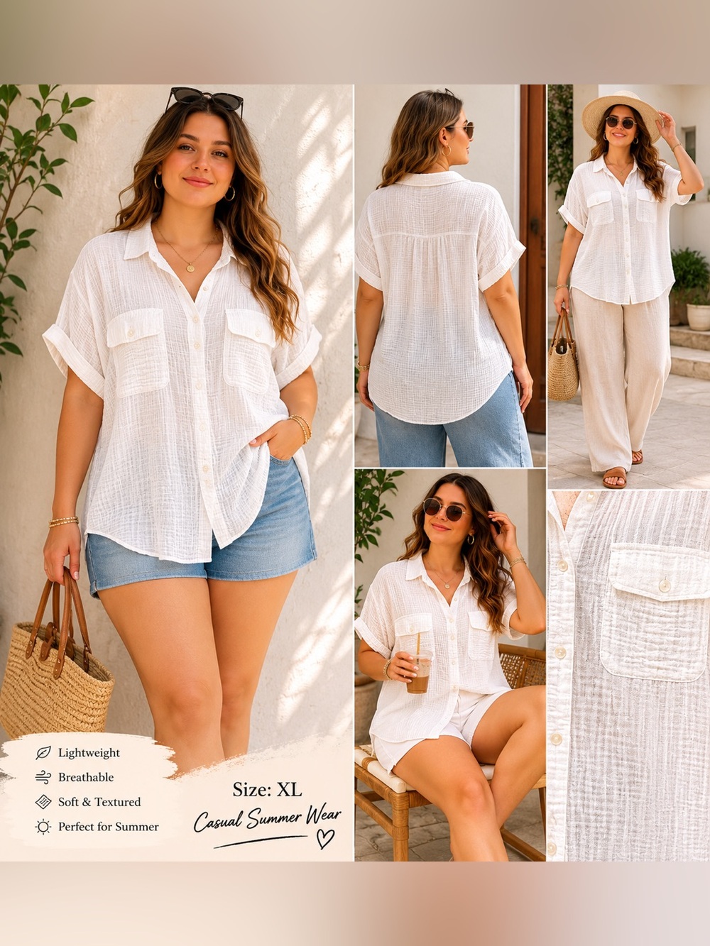 a.n.a Off-White NWT Casual Cotton Boho Button-Up Shirt XL Lightweight Cottage